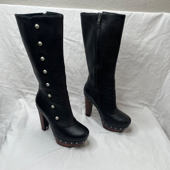 Ugg Womens 7 Cosima Black Leather Knee-High Studded Boots Full Zip 1001615 - Picture 2 of 13